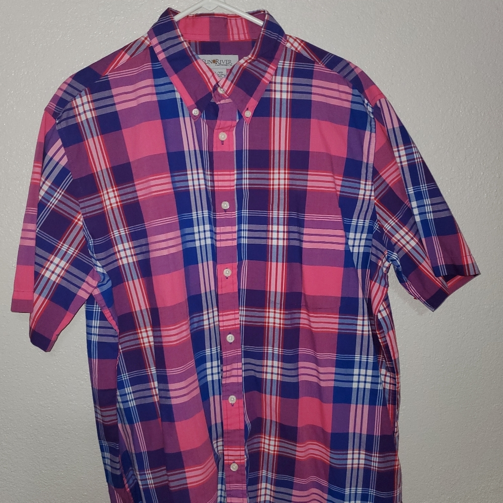 Pink and blue plaid shirt sleeve button down